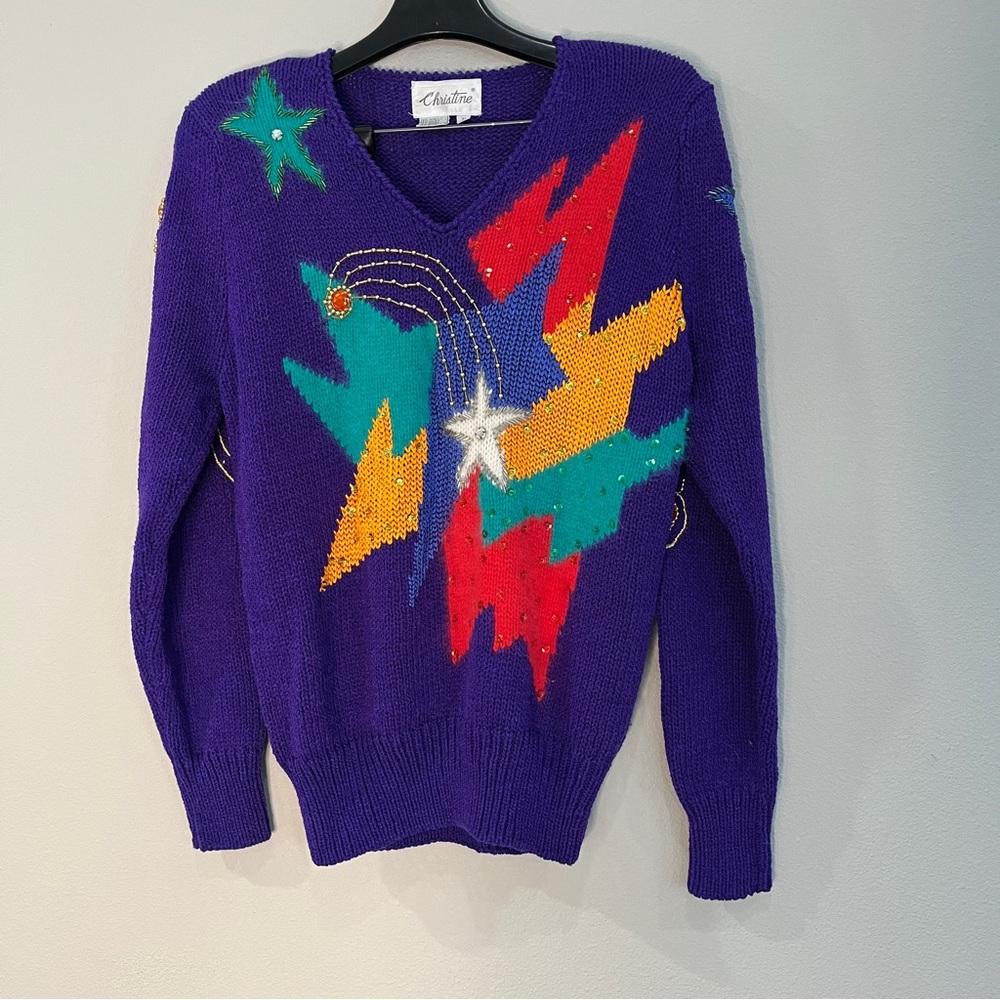 Vintage 80s Sweater Shimmering stars Purple Hand Knit Angora Beads Sequins sz S